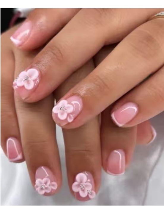 Other - Pink Glossy Short Square Press-On Nails with 3D Flower Accents